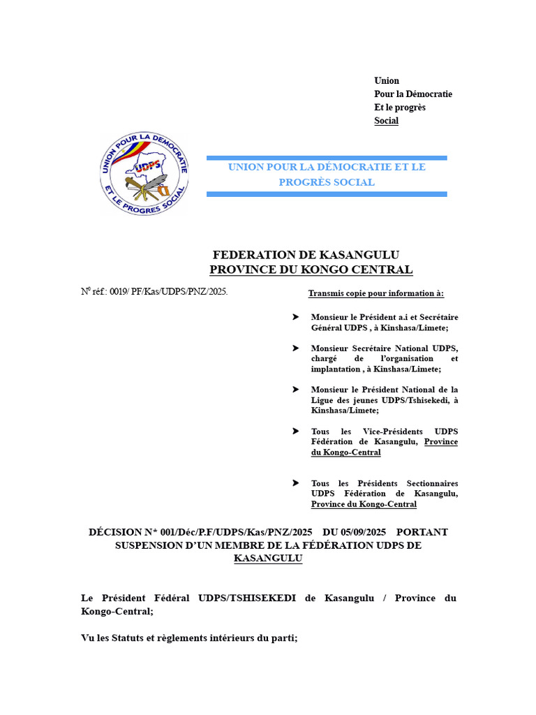 DÉCISION DU 05 Septembre 2025 PORTANT SUSPENSION FÉDÉRATION UDPS DE ...