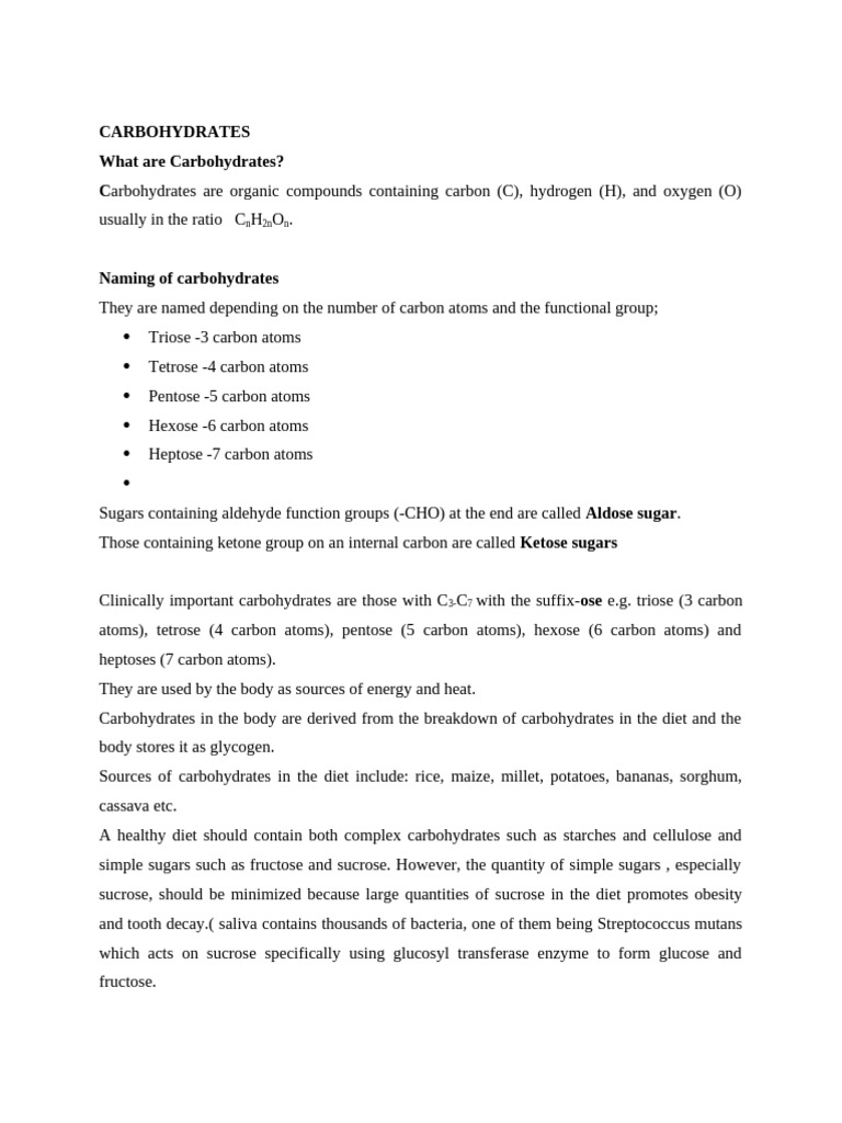 CARBOHYDRATES Notes | PDF | Glycolysis | Diet & Nutrition