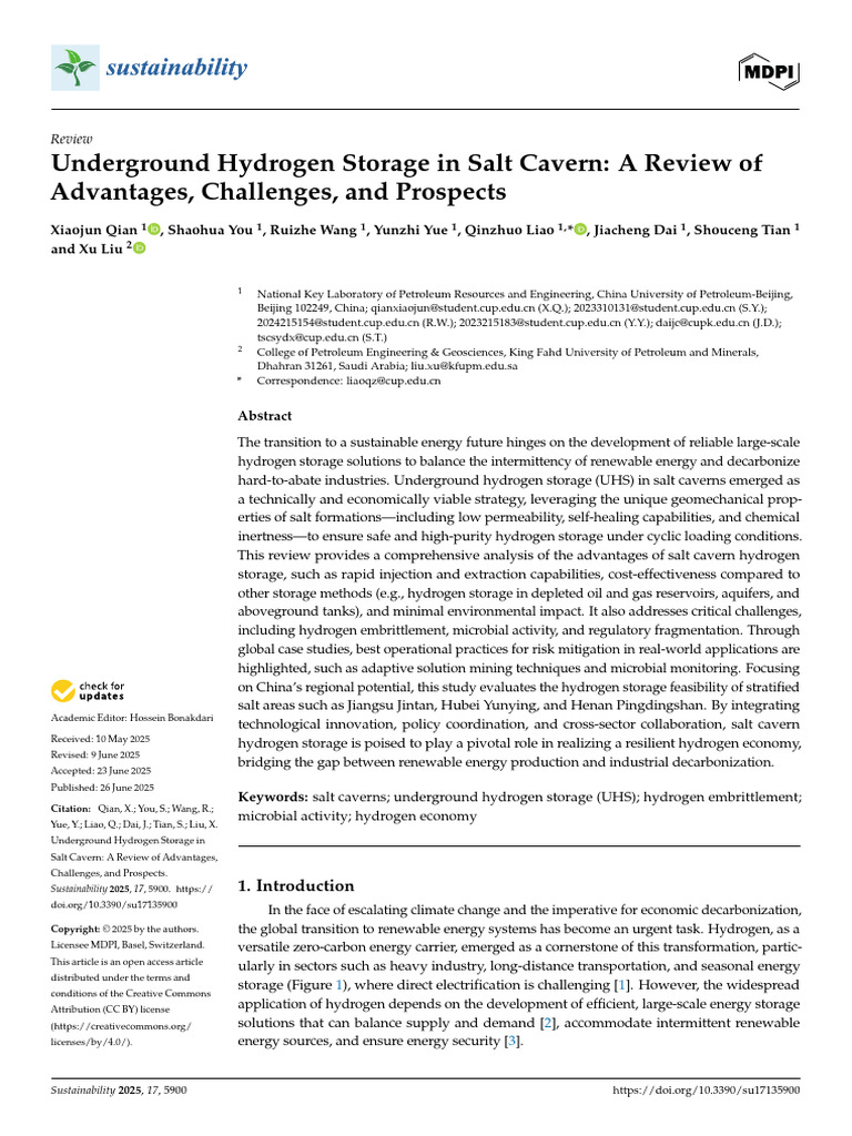 Underground Hydrogen Storage in Salt CavernA Review of Advantages ...