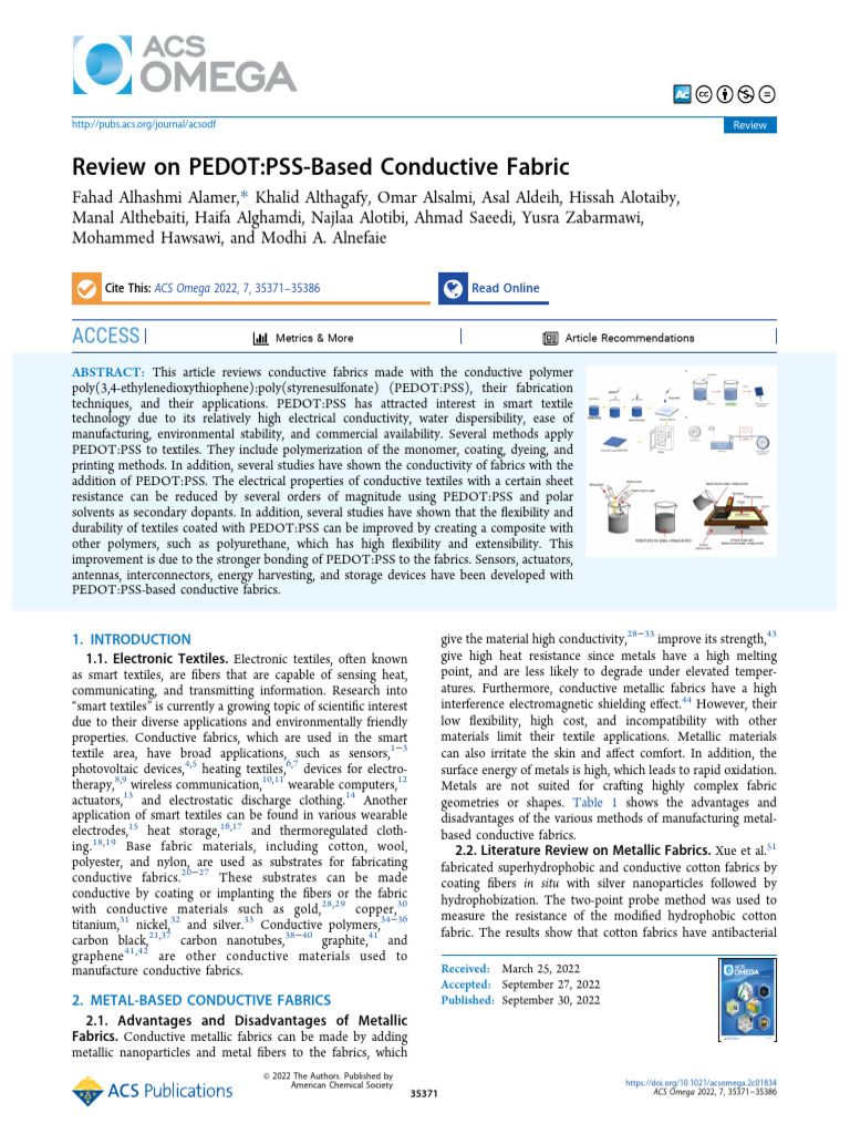 Alhashmi Alamer Et Al 2022 Review On Pedot Pss Based Conductive Fabric ...