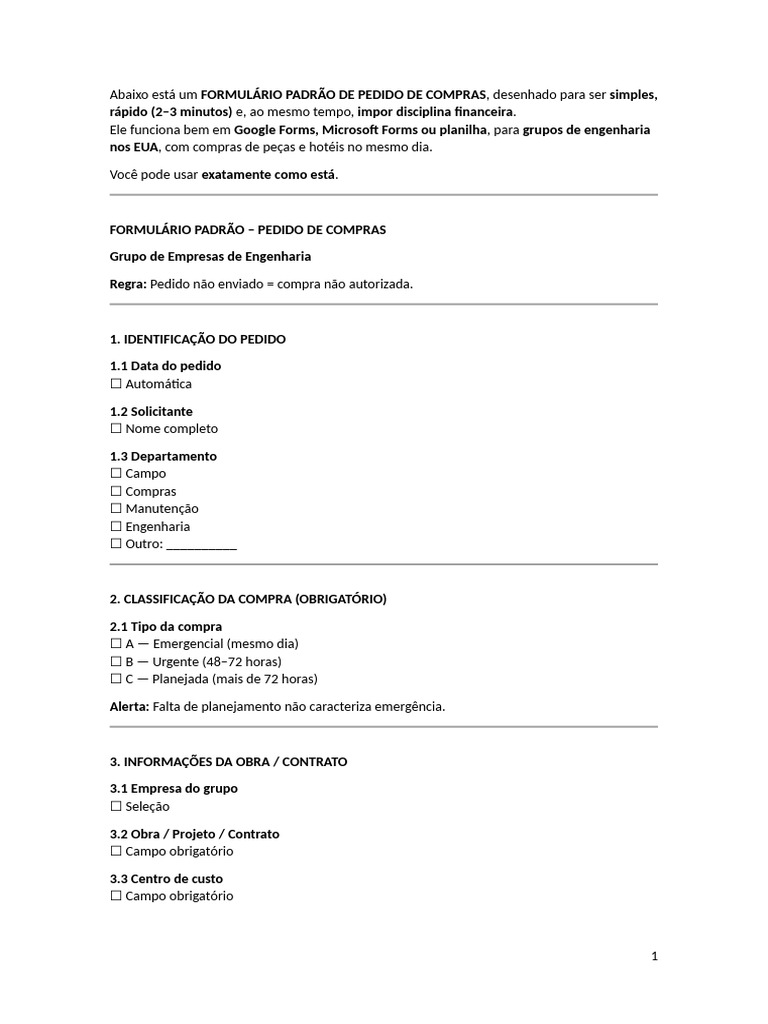 Formulário Padrão de Pedido de Compras | PDF