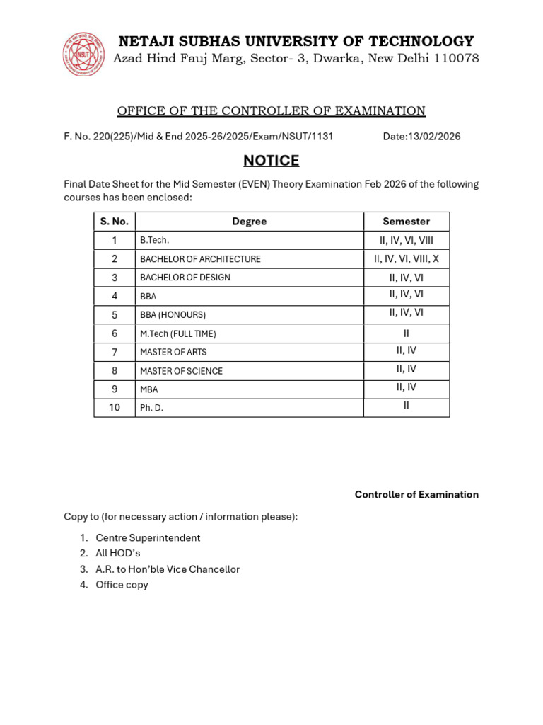 Final Date Sheet Mid Sem (EVEN) Theory Examination 2026 | PDF
