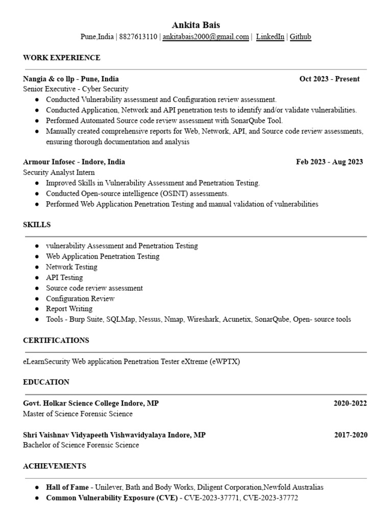 Ankita Singh Bais's Resume | PDF