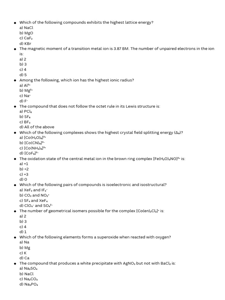 Below are 30 hard-level NEET-style MCQs for Inorganic Chemistry based ...