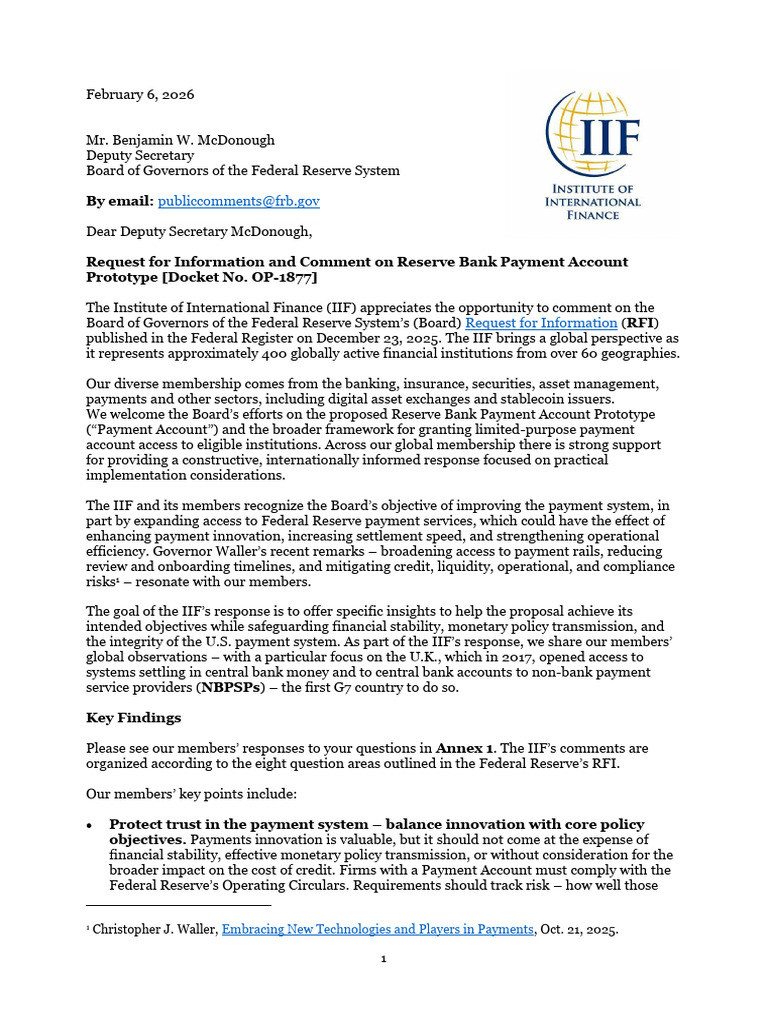 IIF. 2026.2.6 Reserve Bank Payment Account Prototype Response | PDF ...