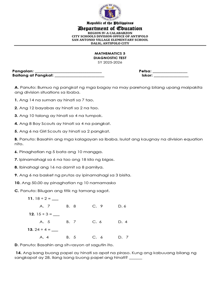 Diagnostic Test in Mathematics III 1 | PDF
