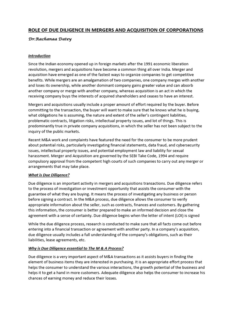 Due Deligence MA | PDF | Mergers And Acquisitions | Due Diligence