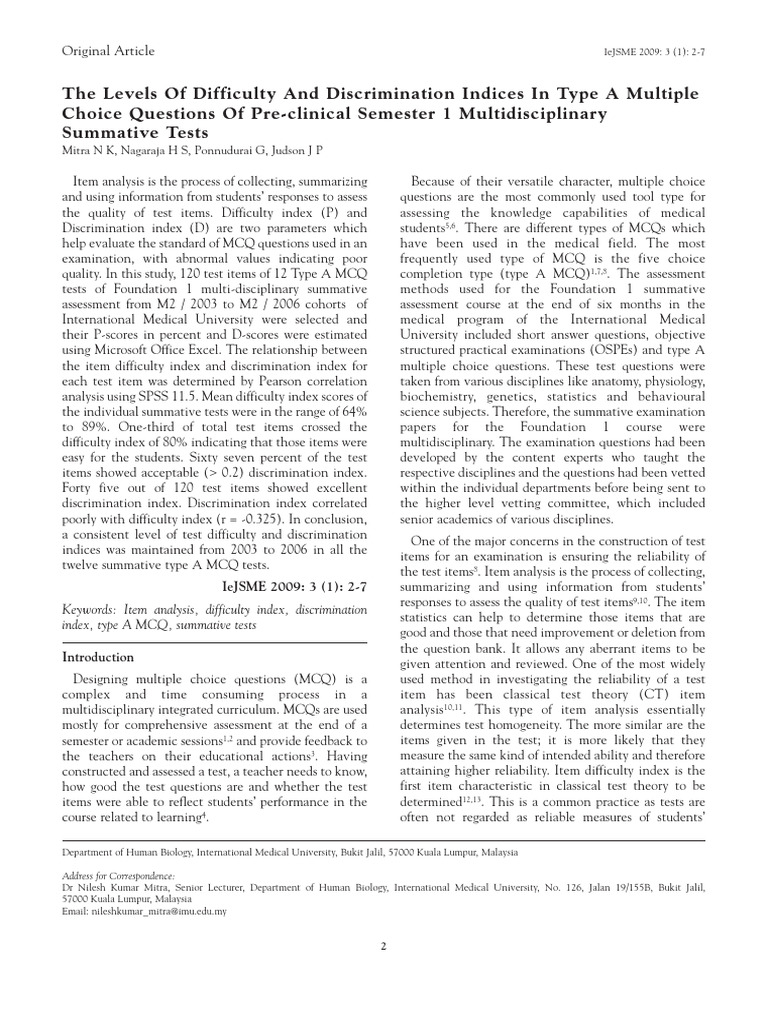 The Levels of Difficulty and Discrimination Indice | PDF | Multiple ...
