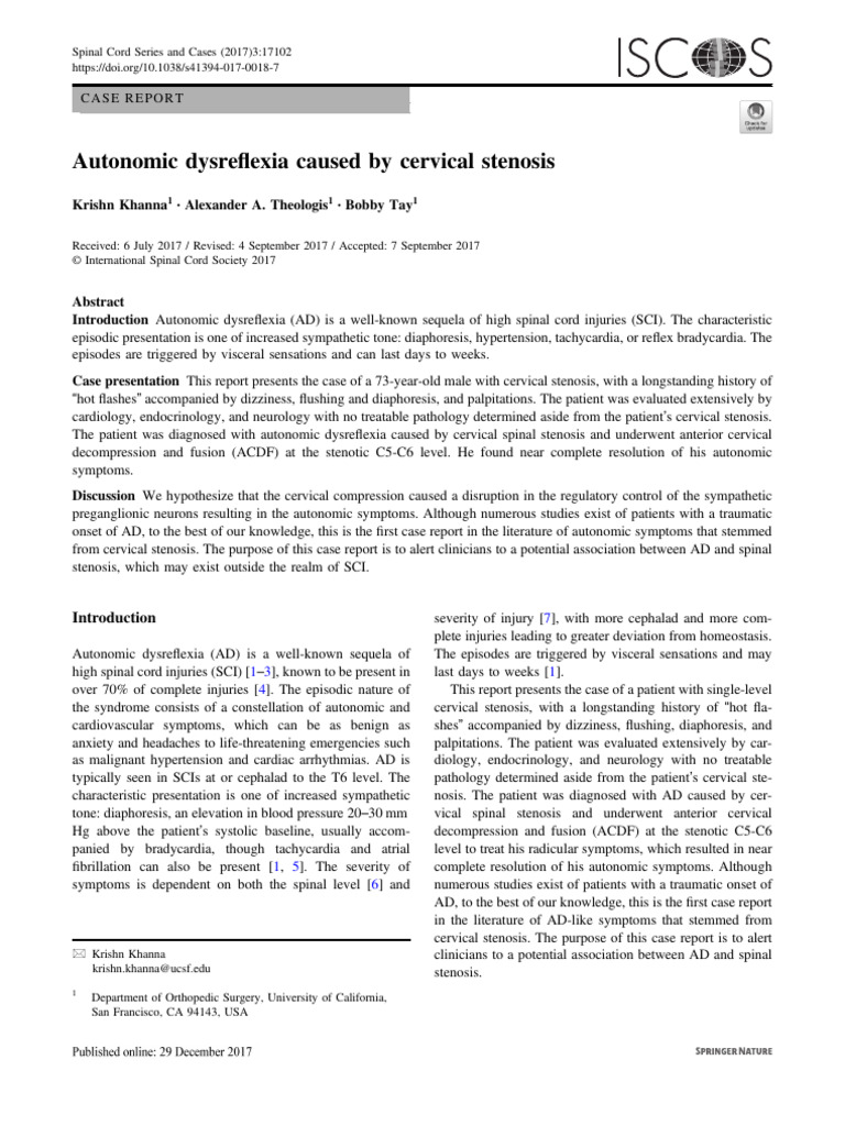 Autonomic Dysreflexia Caused by Cervical Stenosis. | PDF | Spinal Cord ...