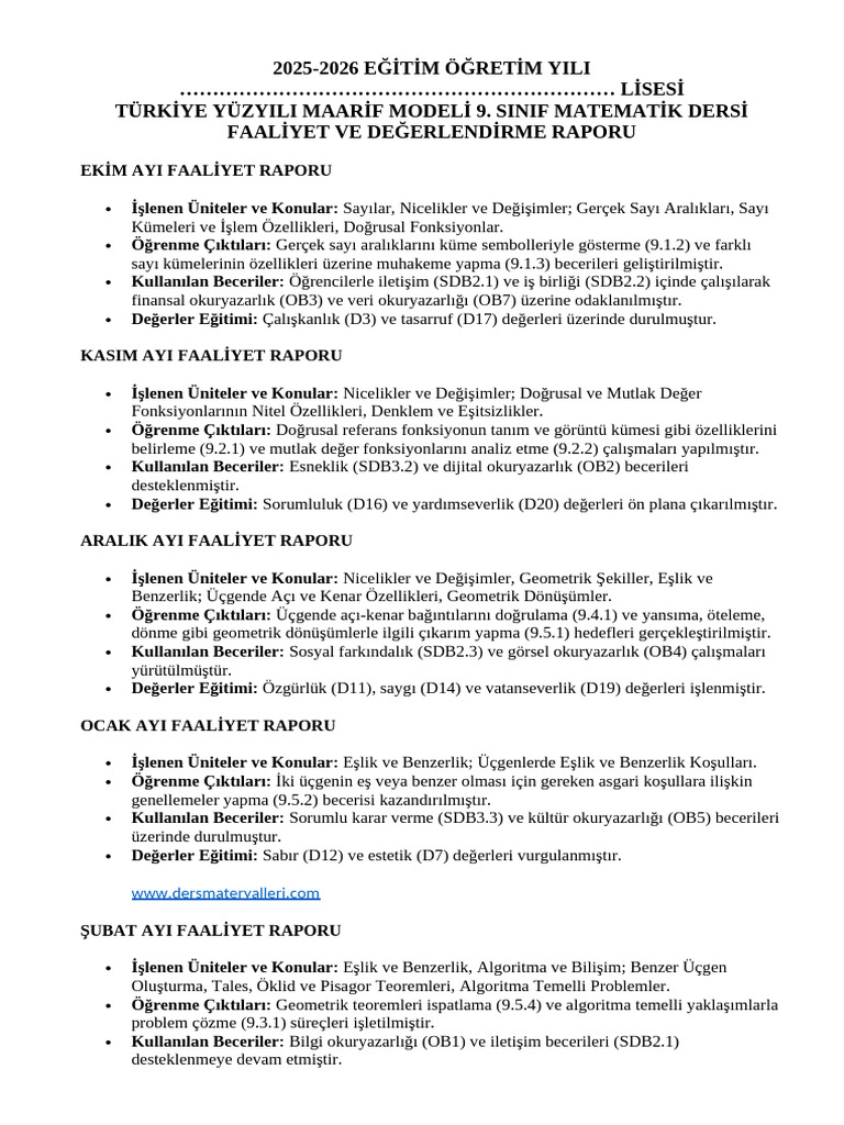 Matematik Maarif Modeli Aylik Raporlari | PDF