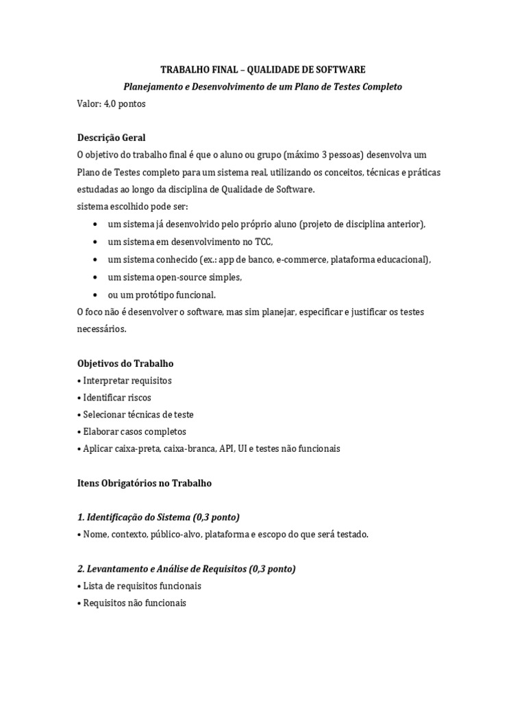 Trabalho Final Qualidade de Software.... | PDF | Testes de software ...