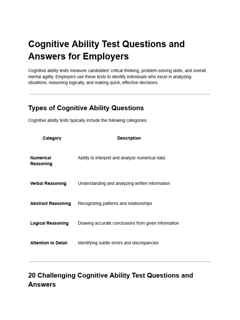 Cognitive Ability Test Questions and Answers For Employers | PDF ...