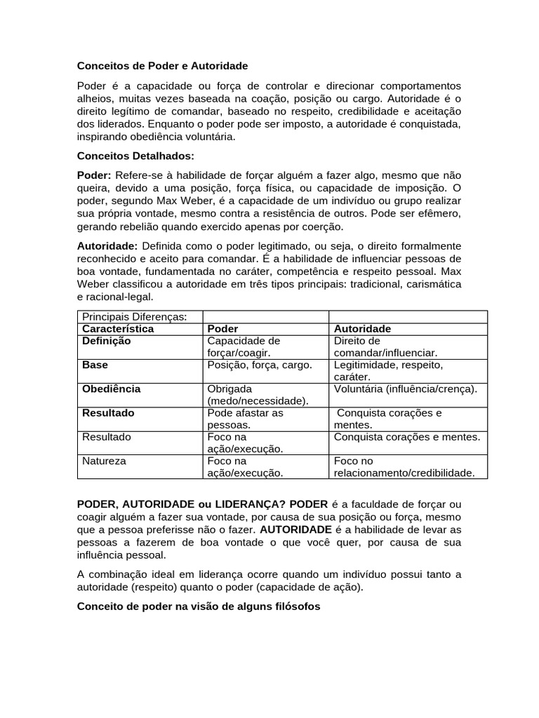 Conceitos de Poder e Autoridade | PDF | Poder (social e político ...
