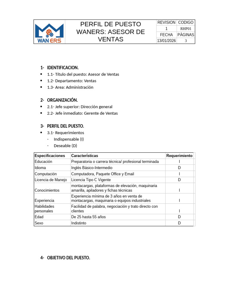 Perfil de Puesto Vendedor | PDF | Business | Economias