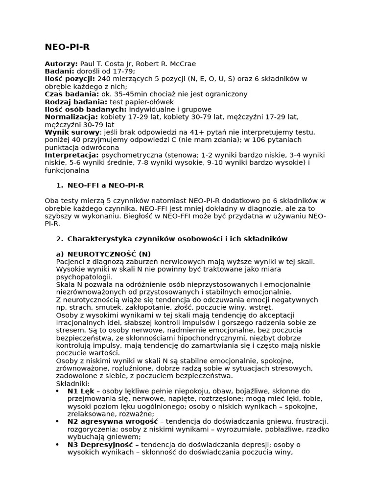 NEO PI R Notatki | PDF