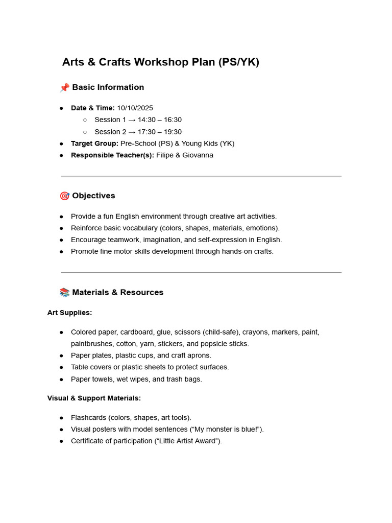 ? Arts & Crafts Workshop Plan (PS_YK) | PDF