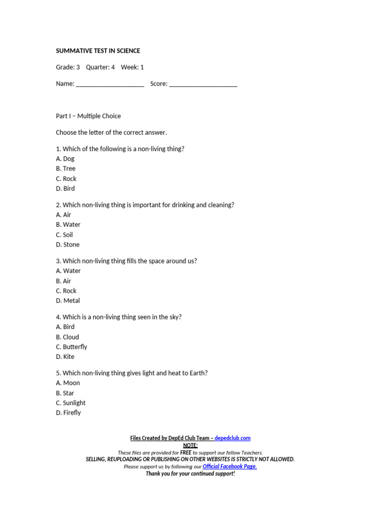 DTC - Summ - Test Science 3 Q4 W1 | PDF | Water