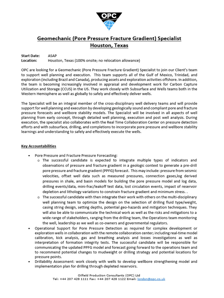 Geomechanic (PPFG Specialist) - Houston (2025-04) | PDF | Oil Well ...