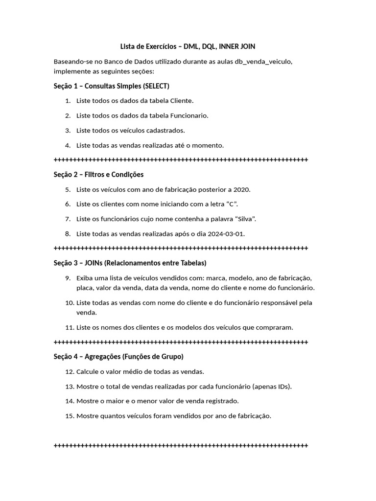 Lista de Exercícios DML DQL INNER JOIN PROCEDURE | PDF