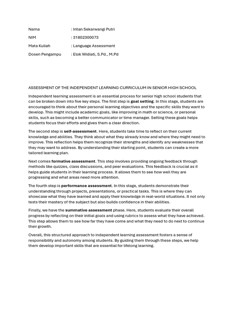 Task 2 - La - Assessment of the Independent Learning Curriculum in ...