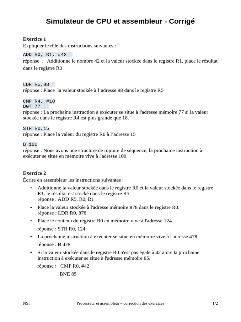 CPU Assembleur TD Cor | PDF | Assembleur | Matériel informatique