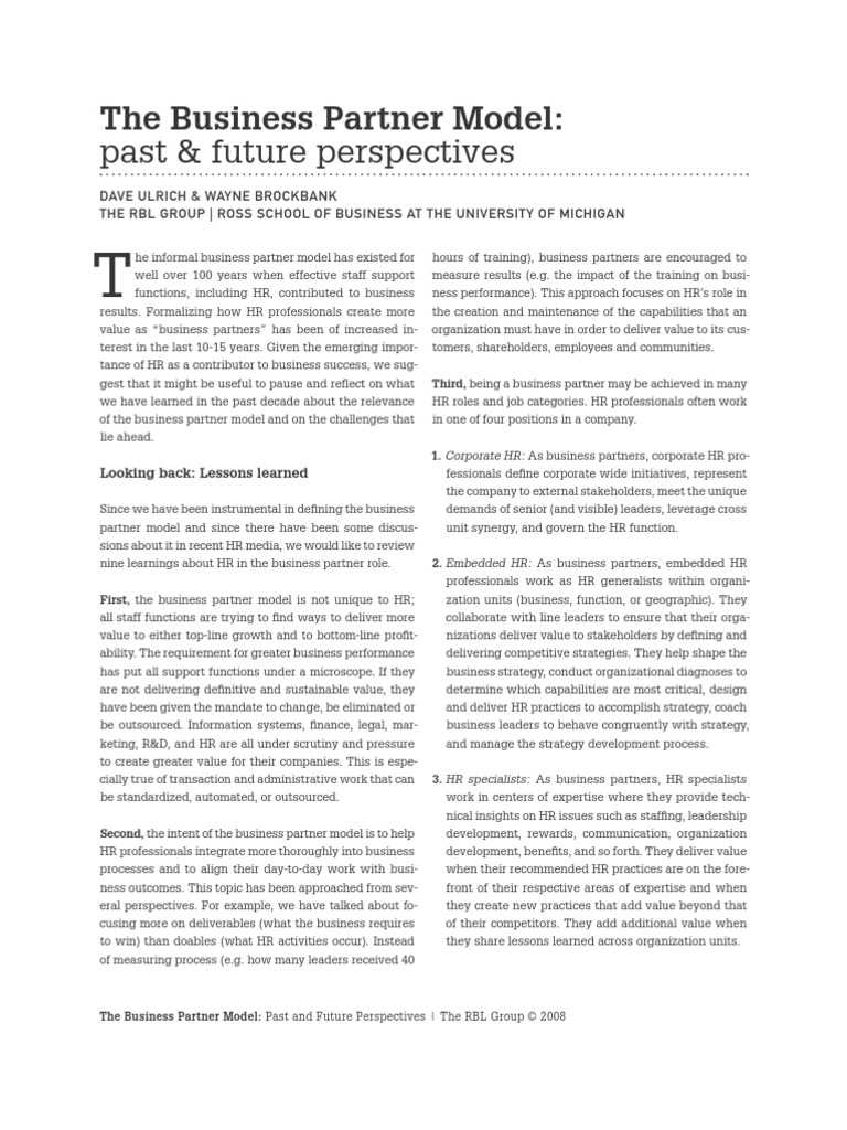Business Partner Model - Ulrich | PDF | Strategic Management | Competence (Human  Resources)