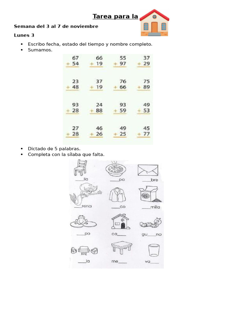 Tarea 1° grado semana del 3 al 7 de nov. | PDF