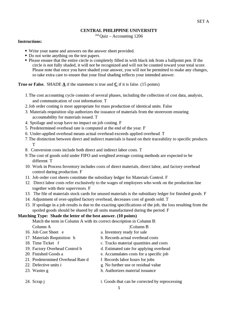 1206 Q2 SET a With Answer | PDF | Cost Of Goods Sold | Management ...