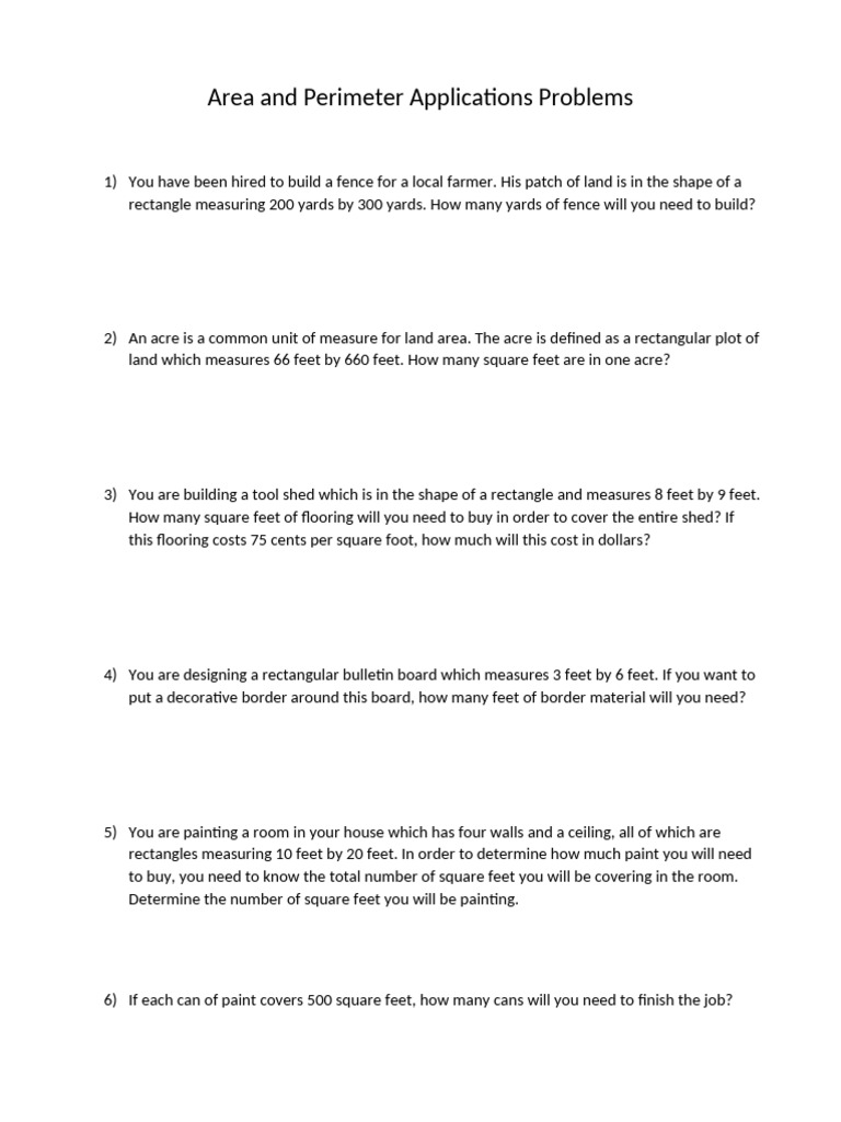 Area and Perimeter Applications Problems | PDF