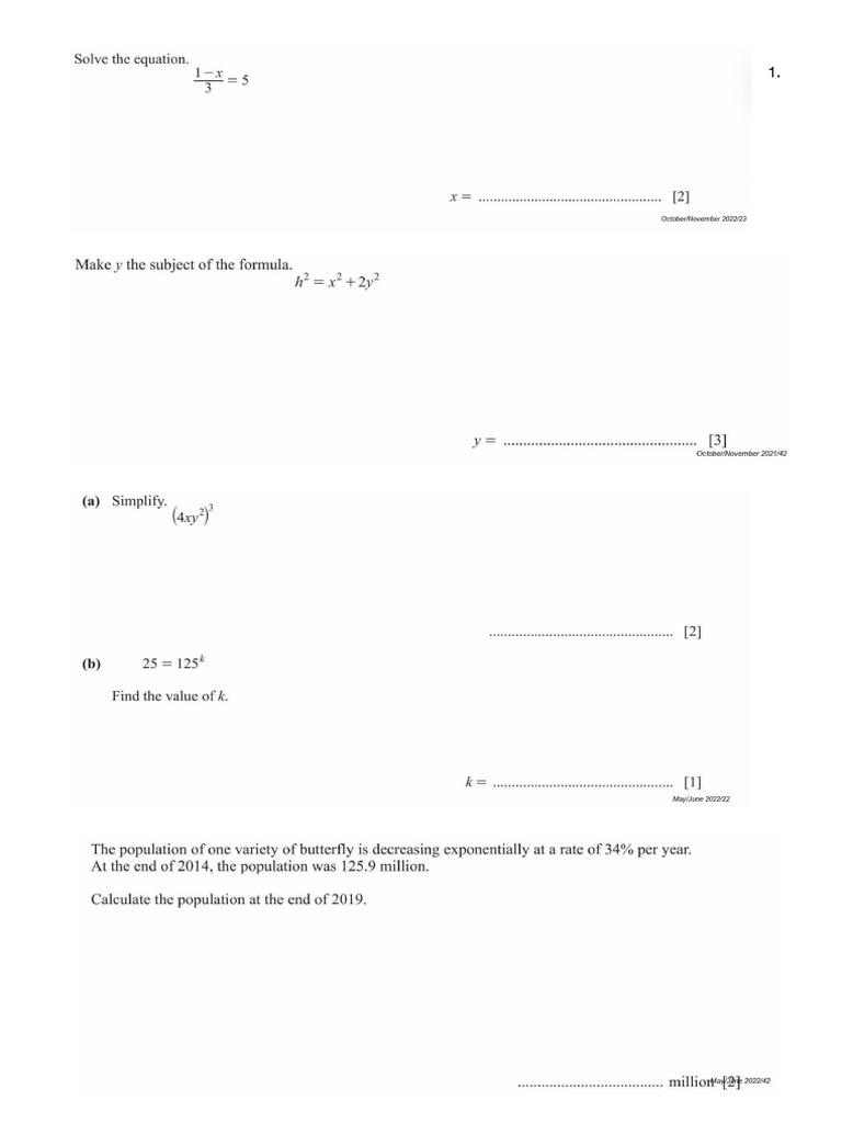 Revision Worksheet - Algebra - Grade 9 | PDF
