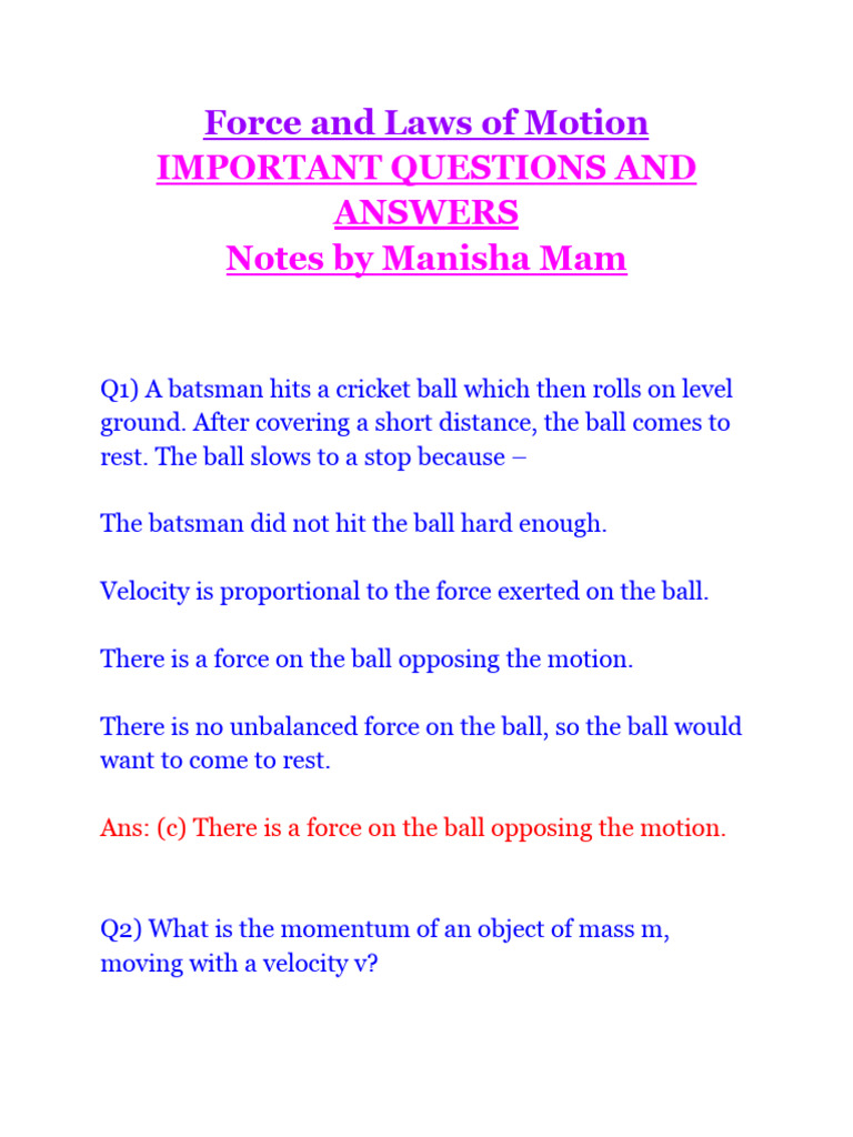 Force and Motion Class 9 Imp Notes | PDF | Force | Momentum