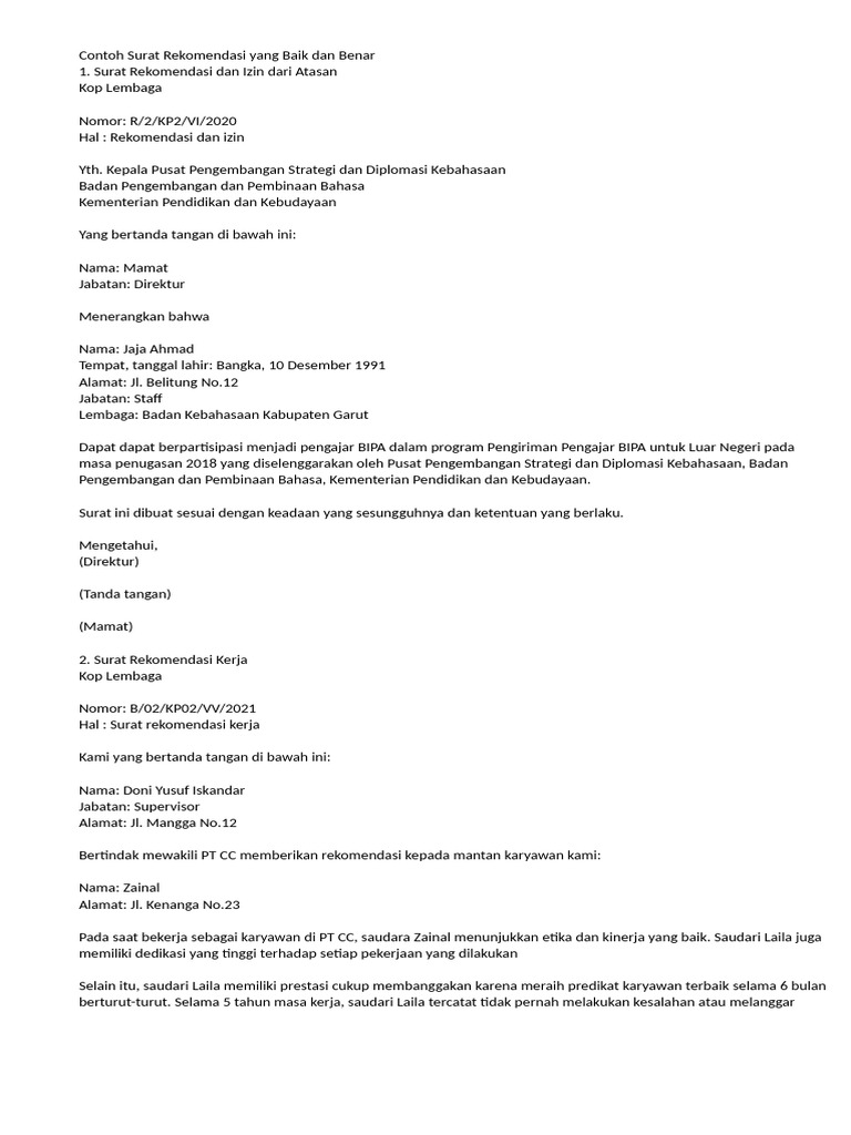 Contoh Surat Rekomendasi Yang Baik Dan Benar | PDF