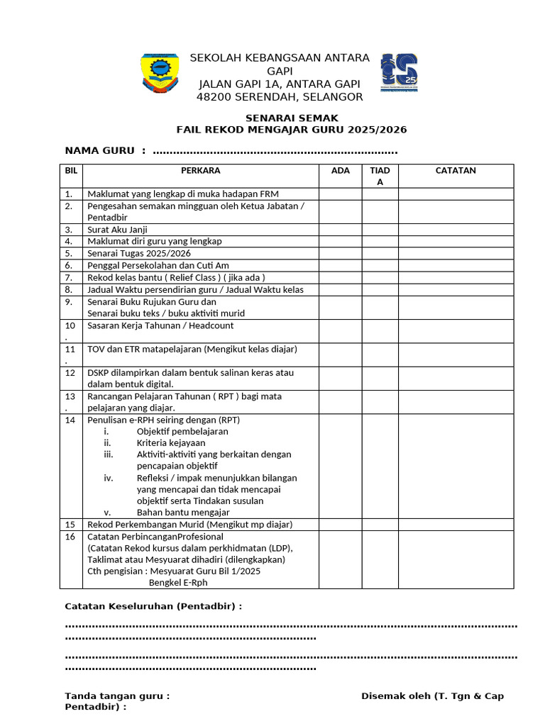 Senarai Semak Fail Rekod Mengajar 2025 | PDF