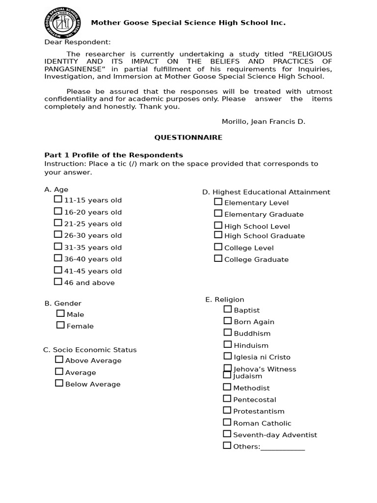 Relig Ident Morillo Questionnaire Float | PDF | Prayer | Forgiveness