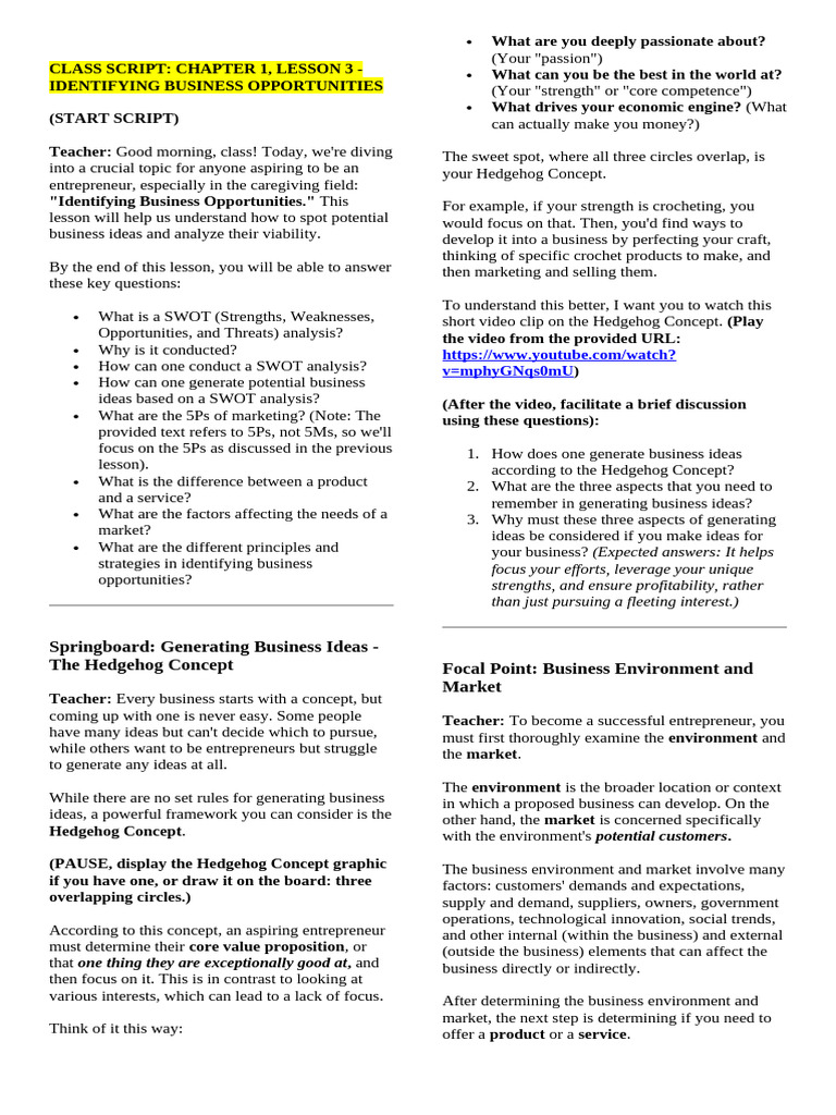 Tle 9 - Chapter 1 Lesson 3 - Class Script | PDF | Swot Analysis | Marketing