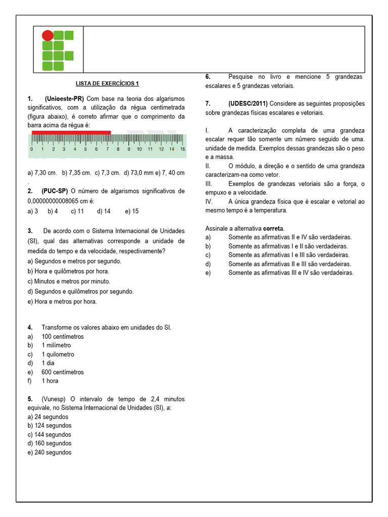 Lista de Exercicios 1 - Fisica 1 | PDF | Metro | Vetor euclidiano