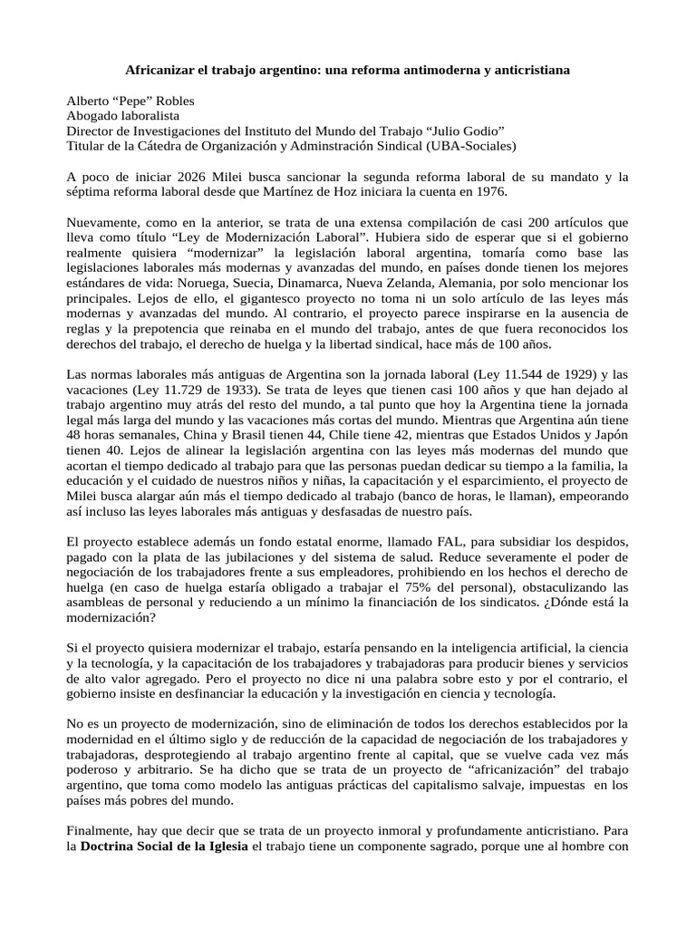 Robles - Reforma Laboral - para MDZOL - 5FEB2026 | PDF | Iglesia ...