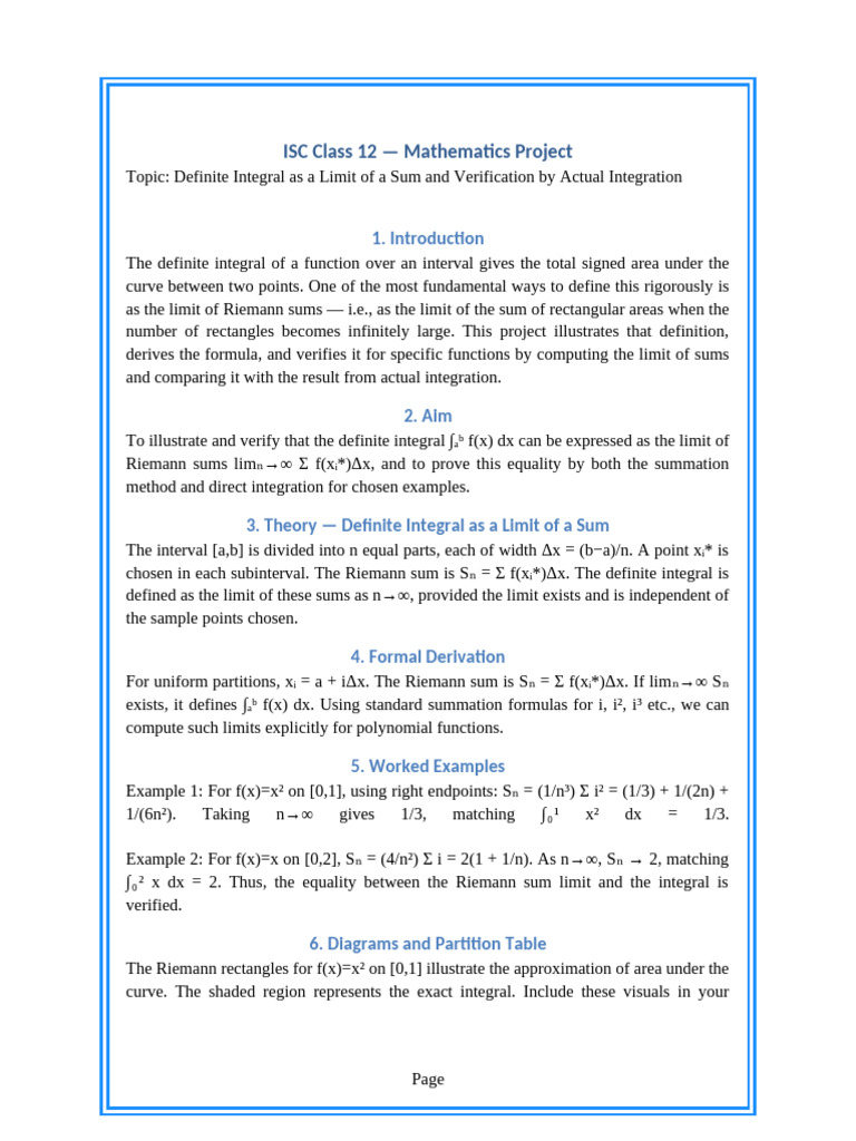 ISC Maths Project Definite Integral | PDF | Integral | Summation