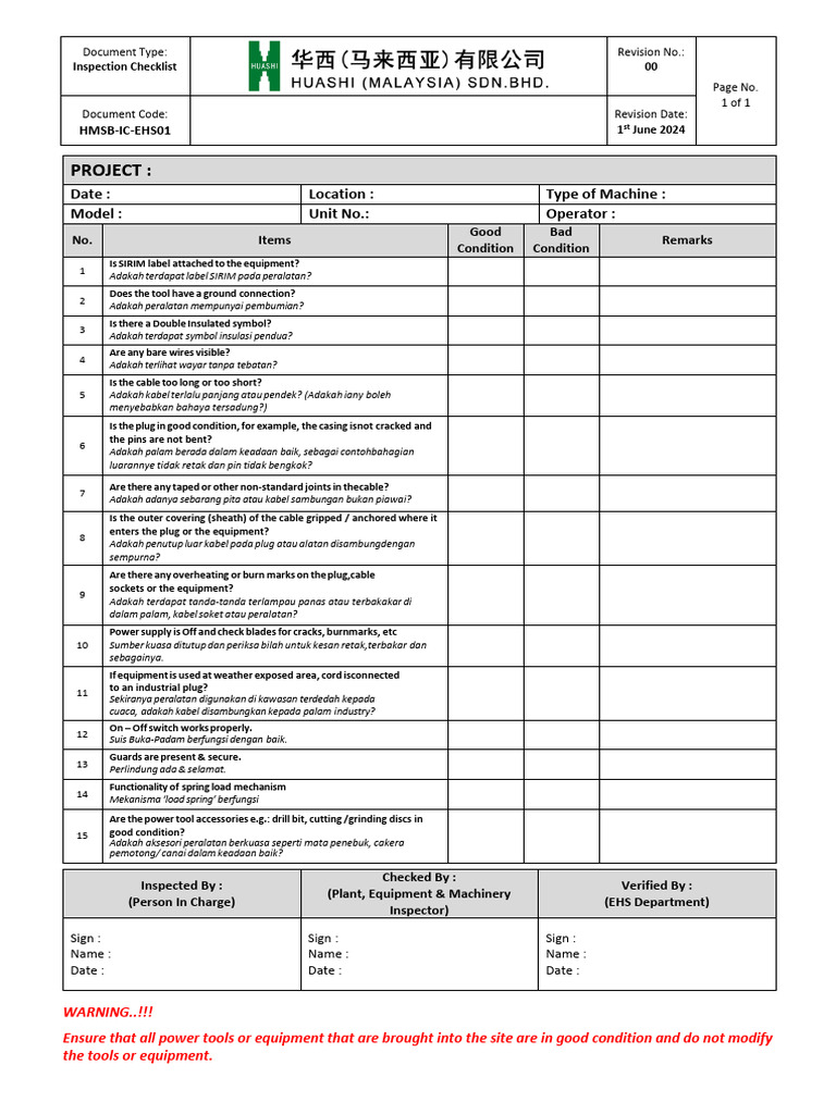 IC-EHS01 Power Tools & Equipment Inspection Checklist | PDF ...
