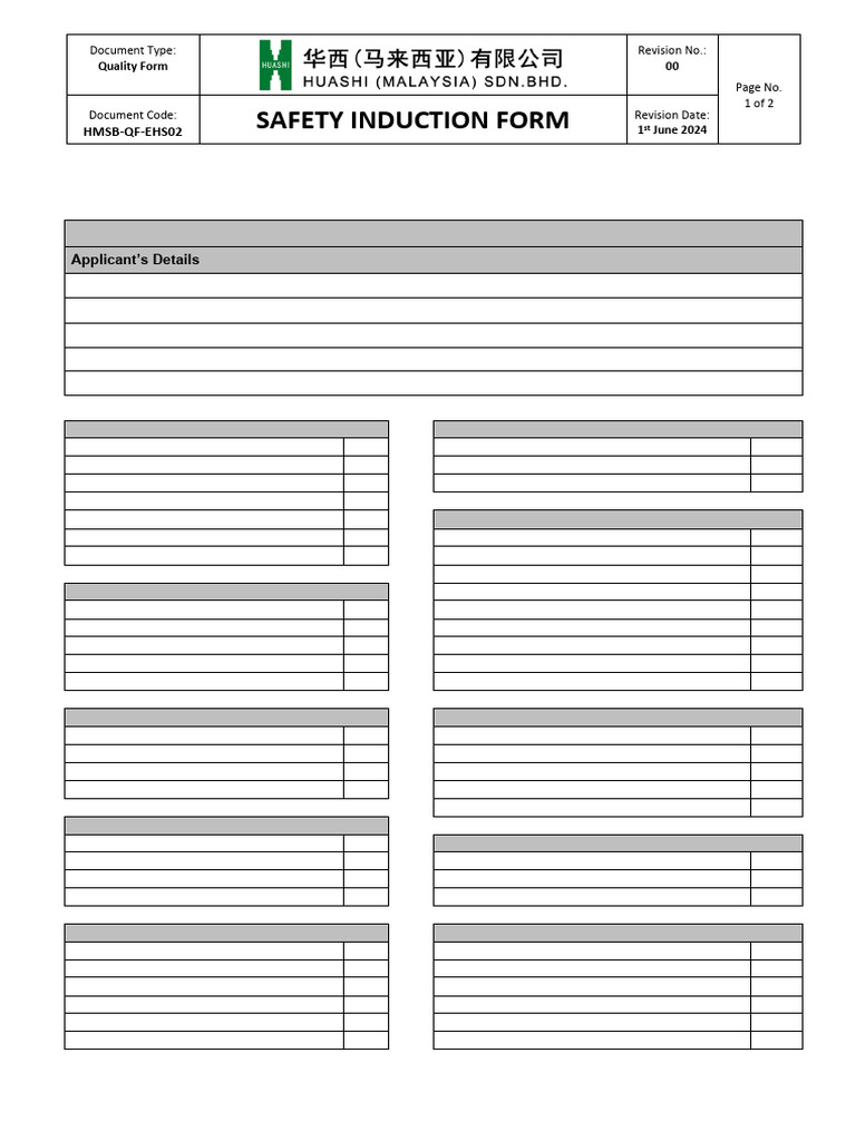 QF-EHS02 Safety Induction Form | PDF | Personal Protective Equipment ...
