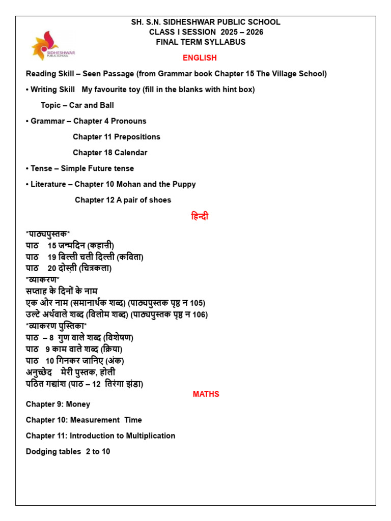 Class 1 Final Term Syllabus | PDF