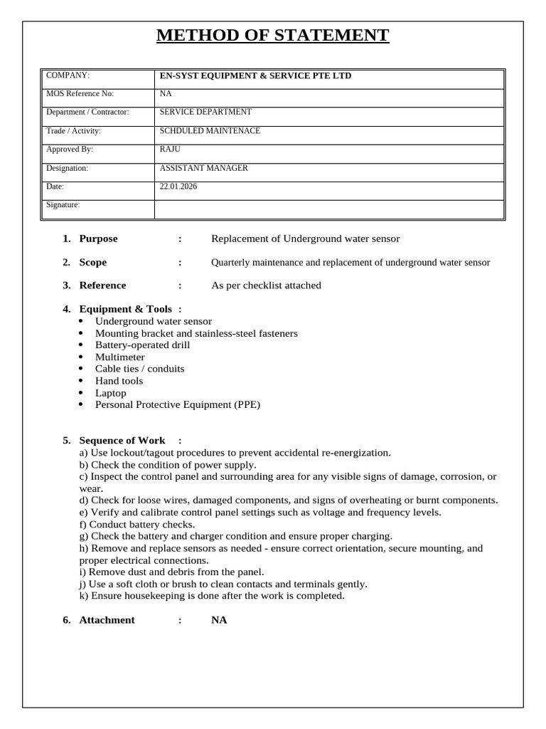 Method of Statement (Replacement of Underground Water Sensor) | PDF