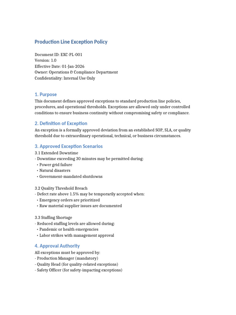 Production Line Exception Policy | PDF