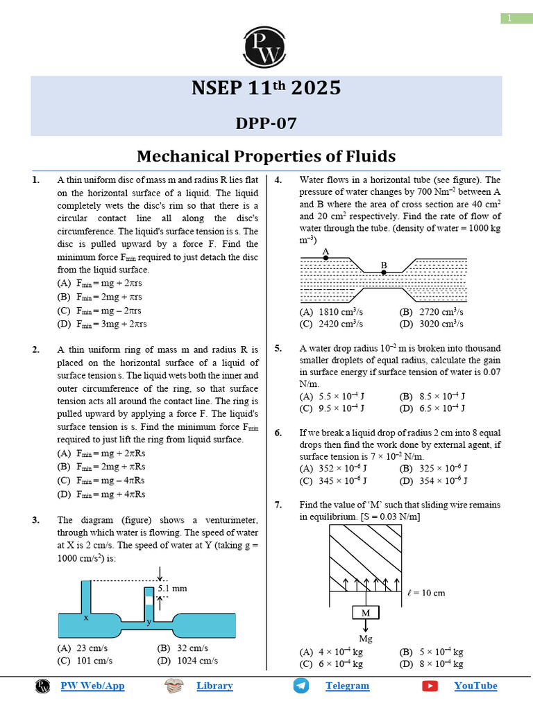 Mechanical Properties of Fluids DPP 07 (Of Lec 10) | PDF | Surface ...