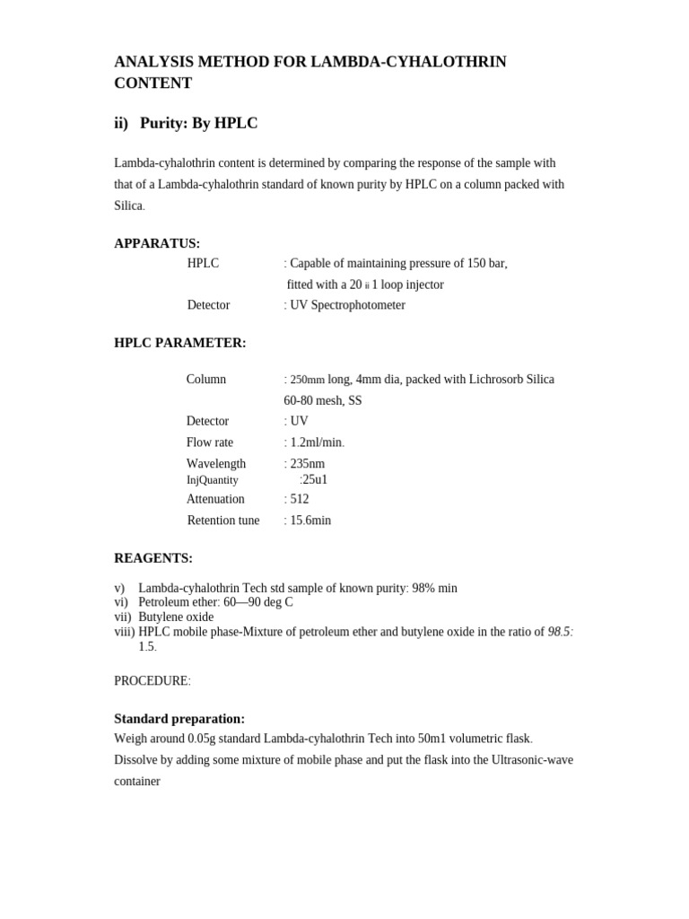ANALYSIS METHOD FOR LAMBDA Cyhalothrin HPLC | PDF | High Performance ...