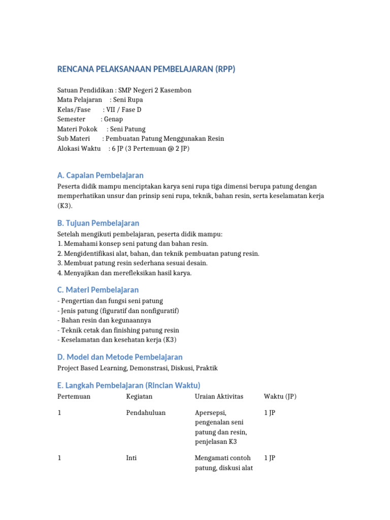 RPP Seni Rupa Patung Resin Lengkap | PDF