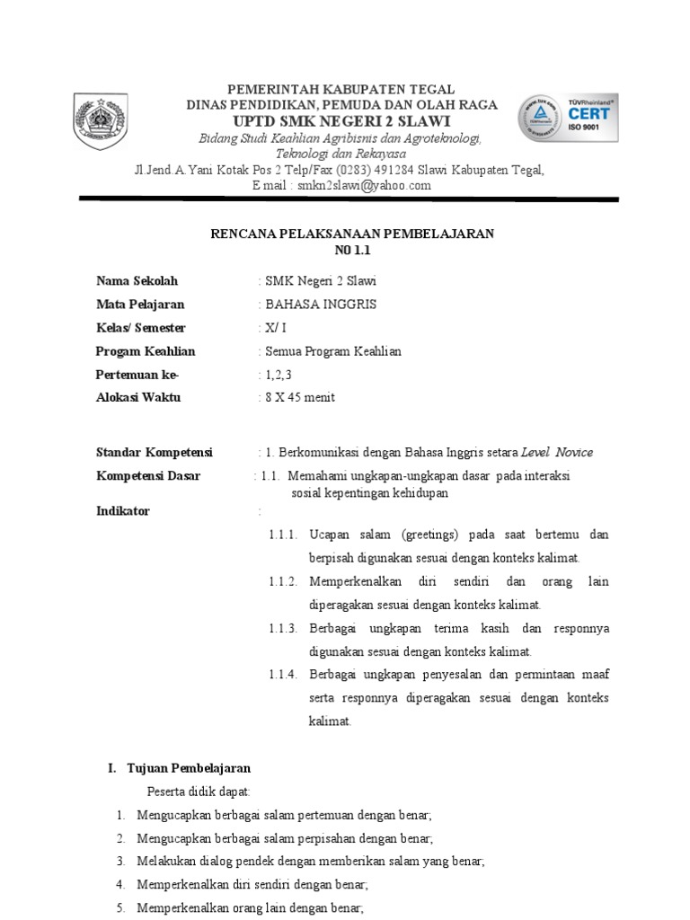 RPP Bahasa Inggris SMK kelas 10