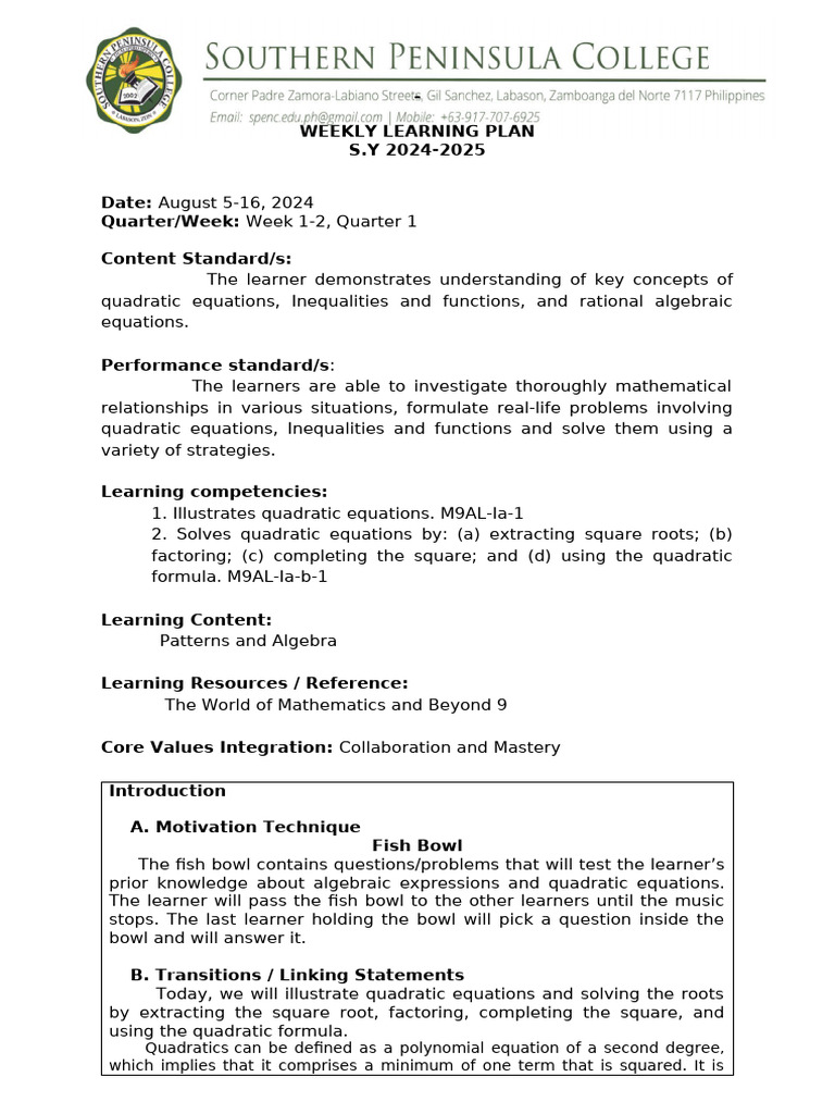 Learning-Plan-in-Math-9-week-1-2 SPENC | PDF | Equations | Quadratic ...