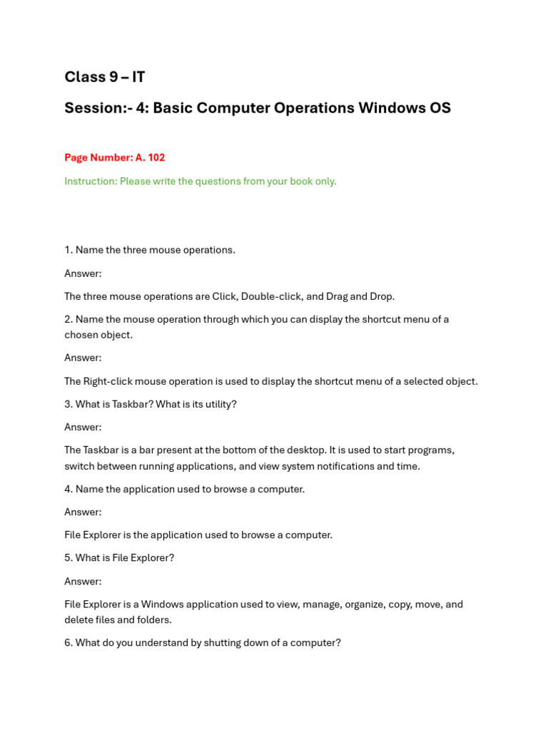 Subject - Computer (Questions and Answers) | PDF