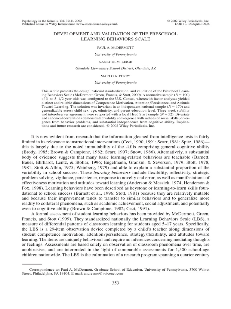 McDermott 等 - 2002 - Development and Validation of the Preschool ...